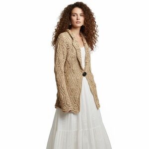 Willow Chunky Crochet Knit Oversized Cardigan Beige Size M Long Sleeve